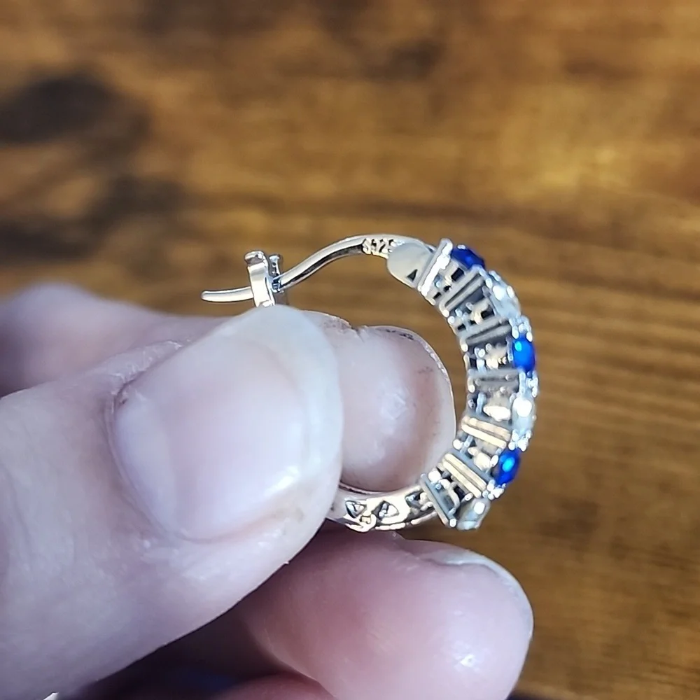 FIRM PRICE Elegant Silver and Blue Hoop Earrings .925